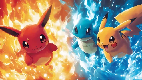 Playful elemental trio soaring through fire and water.