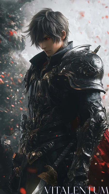 Brooding dark knight pausing amid drifting sparks of battle.