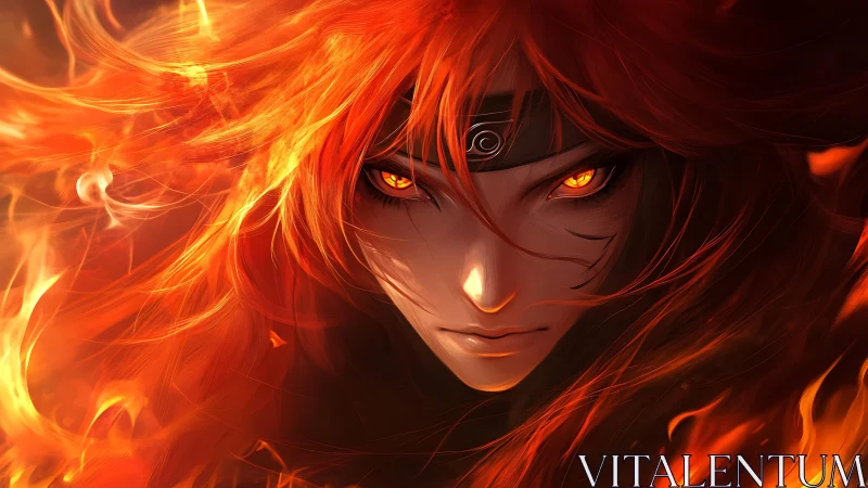 Fiery anime warrior portrait with intense glowing eyes.