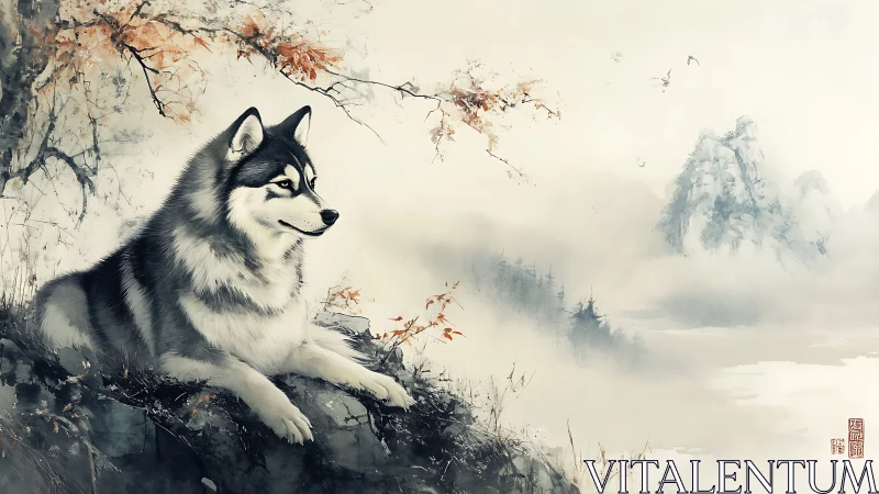 Gentle husky rests on a misty cliffside, quietly watching