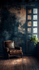 Cozy leather armchair rests in a softly lit rustic corner