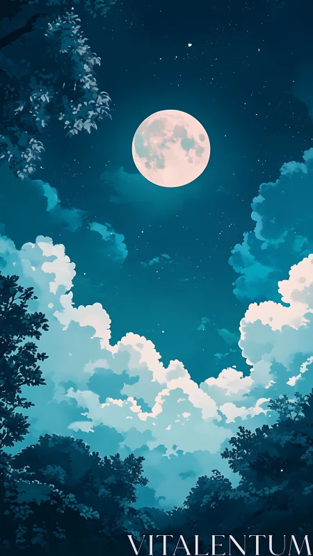 Full moon glows above dreamy cloudscape in serene night sky