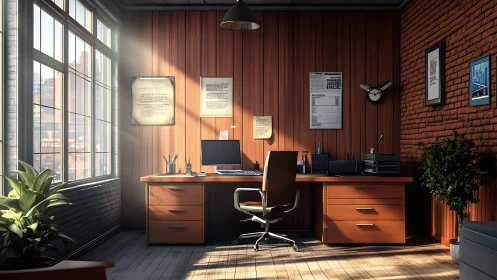 Sunlit workspace with wooden desks and brick accent walls.