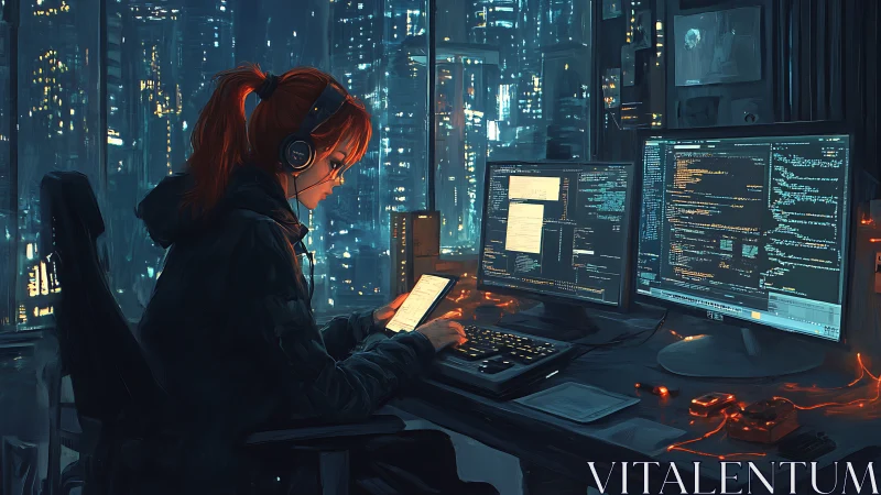 Cyberpunk programmer operates multi-monitor rig in neon-lit tower