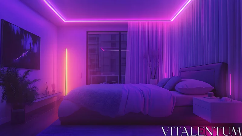 Neon-lit contemporary bedroom showcases ambient magenta glow