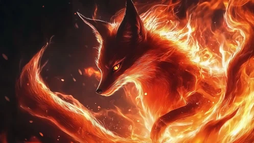Ember-tailed fox spirit rising from a storm of wildfire flame.