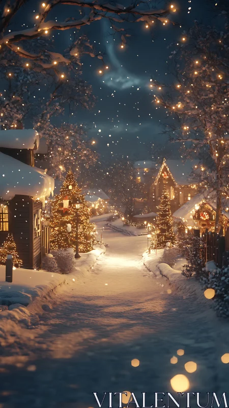 Snowy village lane glows with warm festive Christmas lights