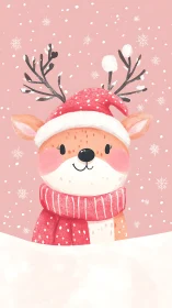 Cute winter reindeer in red hat and scarf illustration.