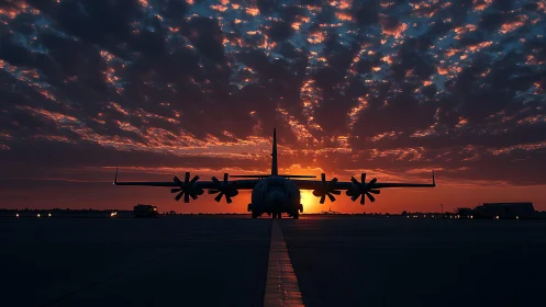 Sunset-lit cargo plane rests calmly on a glowing runway