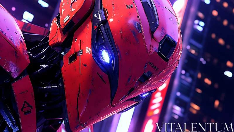 Red mechanical robot head is rendered in neon city lighting