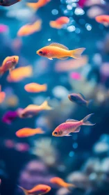 Colorful tropical fish swim in a softly blurred aquarium