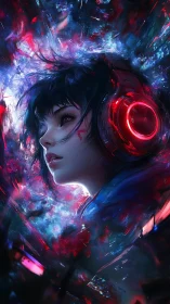 Futuristic profile portrait with red headset in neon field.