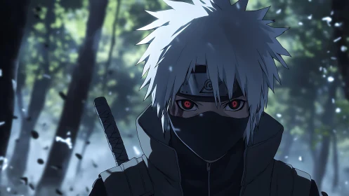 Masked anime ninja with red eyes in a dark forest scene.