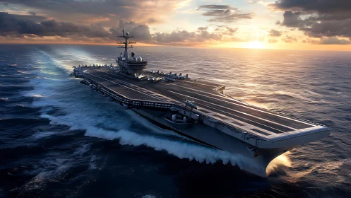 Majestic aircraft carrier cuts through waves at fiery sunset