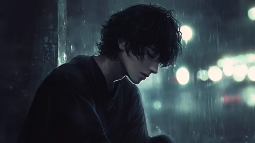 Quiet midnight rain with a thoughtful boy in soft neon glow.