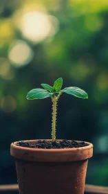 Young green seedling rises from clay pot in soft bokeh light