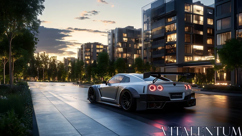Sleek sports car glides through wet city street at dusk.