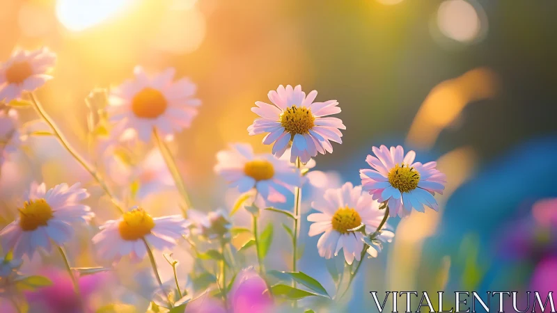 Pink Daisies Backlit by Golden Hour Sunlight