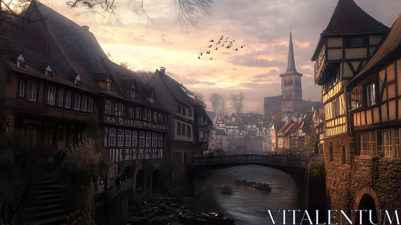 Twilight canalside village hums beneath rose-gold clouds.