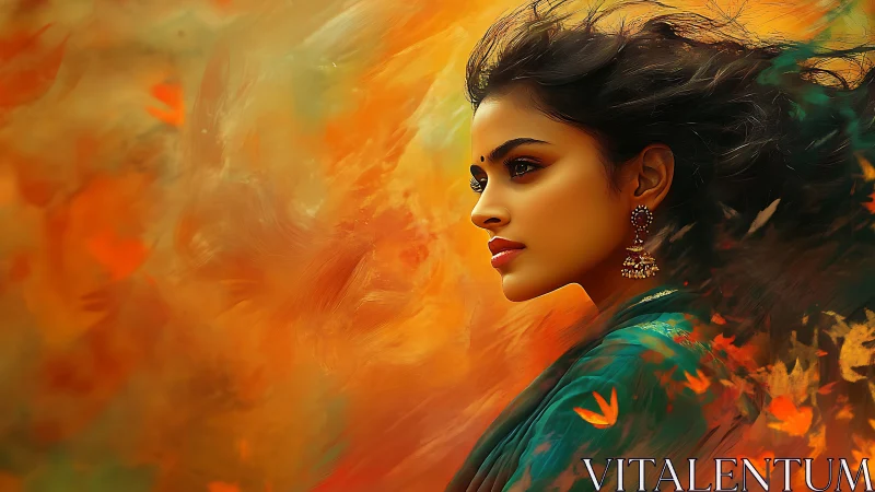 Windswept portrait in swirling autumn firelight hues.