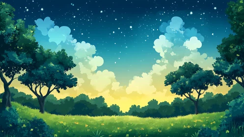 Digital illustration shows grassy clearing beneath starry sky