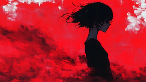 Silhouetted girl cuts through crimson abstract storm field.