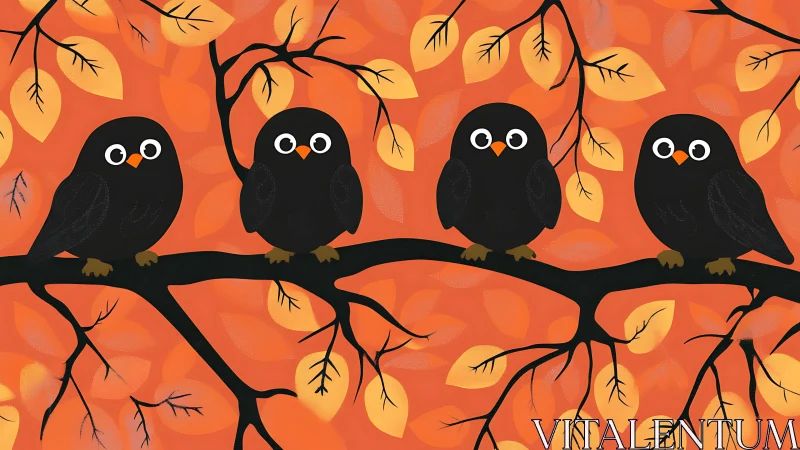 Four stylized black owls on branches with orange foliage.