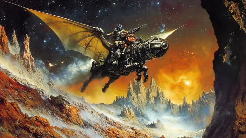 Warrior astride rocket-dragon soars above alien badlands.