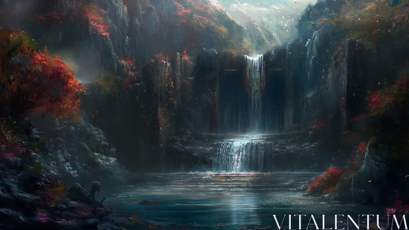 Mythic waterfall sanctuary with carved stone gate.