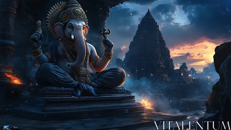 Lord Ganesha statue guards burning temple at dusk