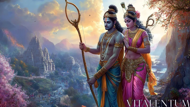 Divine couple walks through mystical valley of ancient temples