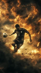 Dynamic football striker in inferno-inspired digital composition.