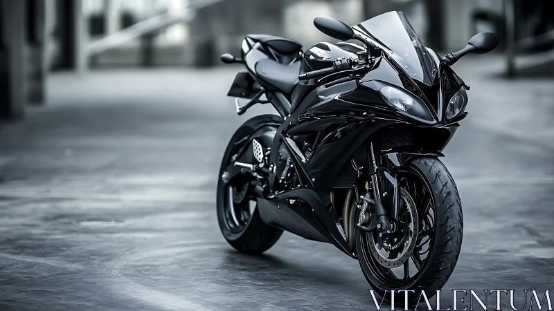 Photorealistic black superbike in urban shallow-depth portrait.
