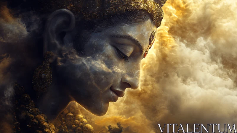 Gilded deity profile emerging from volumetric clouds in warm light