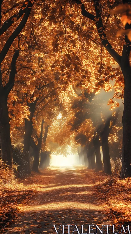 Sunlit autumn forest path lined with tall golden trees.