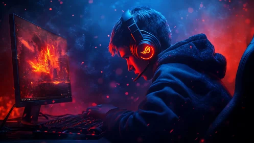 Focused gamer leans into battle under neon red and blue light