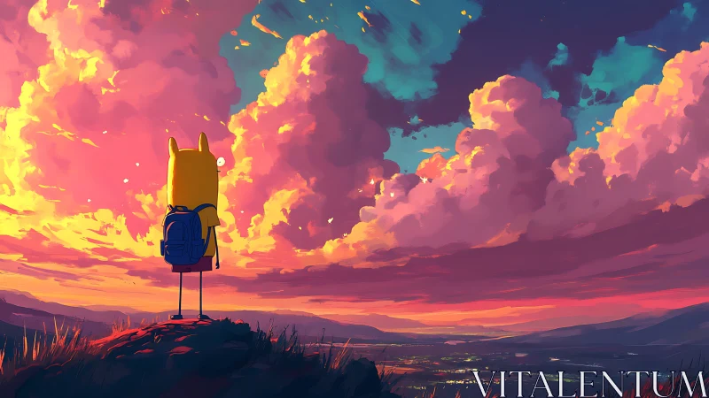 Backpacked wanderer greeting a neon-cloud sunset horizon.