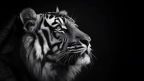 Monochrome tiger portrait in dramatic low key side lighting.