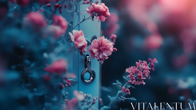 Pink flowers arranged on vertical support with circular metal hardware element