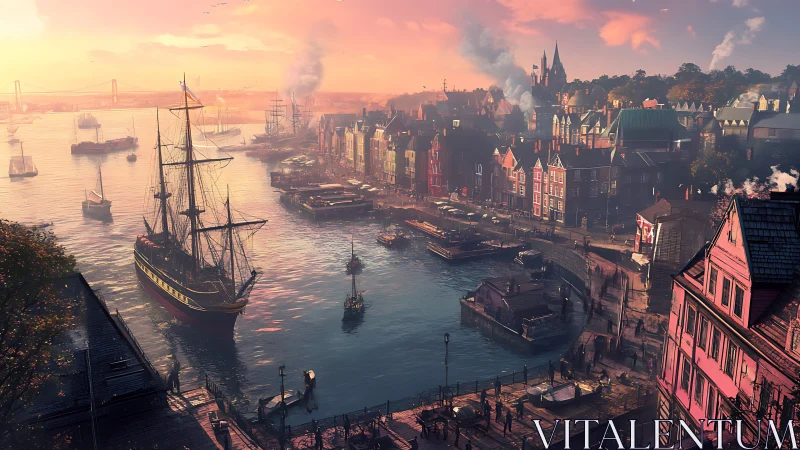 Sunlit tall ship drifting through a glowing storybook harbor.