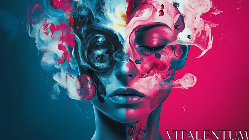 Dual-toned surreal portrait dissolves into abstract smoke.