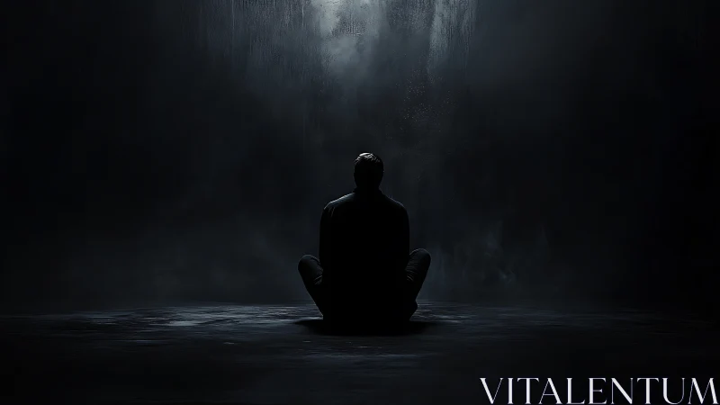Backlit solitary figure seated in cavernous dark interior