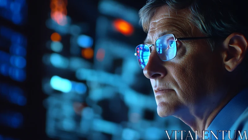 Focused older man in data center glow at computer station.