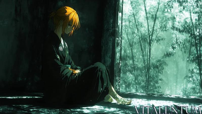 Melancholic girl in kimono beside luminous forest window