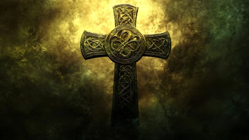 Illuminated Celtic cross with ornate knotwork on smoky backdrop