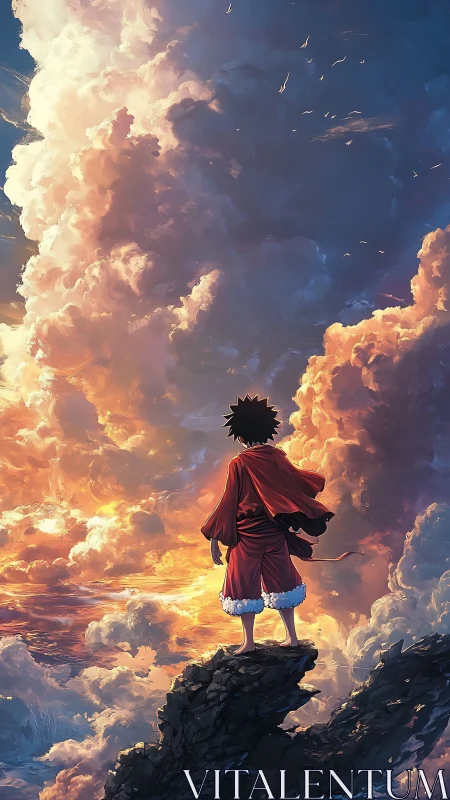 Cliffside anime figure against volumetric sunset cumulonimbus.