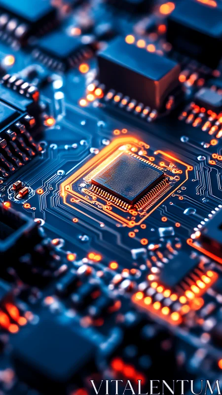 Closeup view of glowing CPU on detailed circuit board.