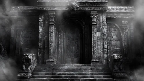 Monochrome stone portal with lion guardians framed by dense fog