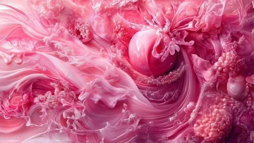 Abstract pink fluid forms with central glossy spherical core.