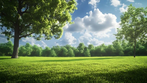 Sunlit meadow and trees rendered in high-detail realism